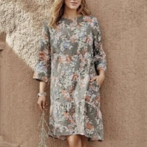 J. Jill 100%  Linen  Floral Ruffle Hem 3/4 long sleeves Crew Neck Relaxed Dress - Picture 2 of 16